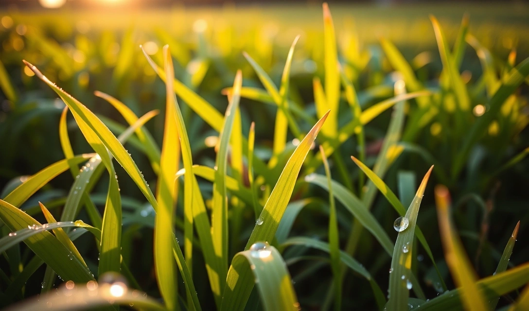 A vibrant, lush green meadow at sunrise, symbolizing natural wellness and new beginnings
