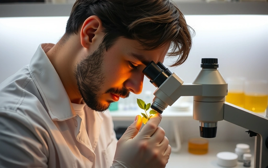 A close-up of a scientist in a lab coat examining a plant extract under a microscope, with beakers and test tubes in the background, symbolizing rigorous quality control and natural ingredient sourcing.