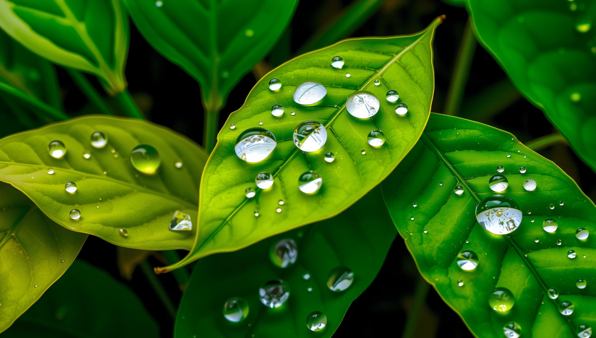 Lush green leaves with dew drops, symbolizing natural vitality and purity.