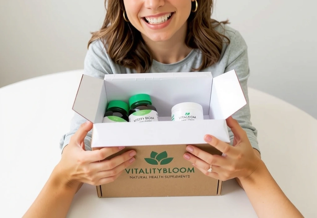 A person happily unboxing a VitalityBloom package, revealing natural health supplements and creams.
