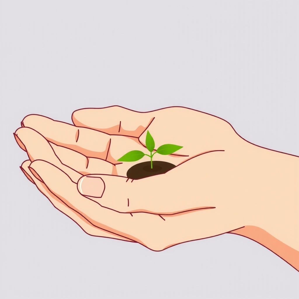 Hand holding a plant icon symbolizing gentle care